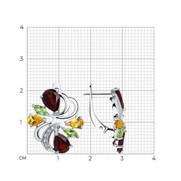 Серьги из серебра с Гранатом, хризолитом и цитрином